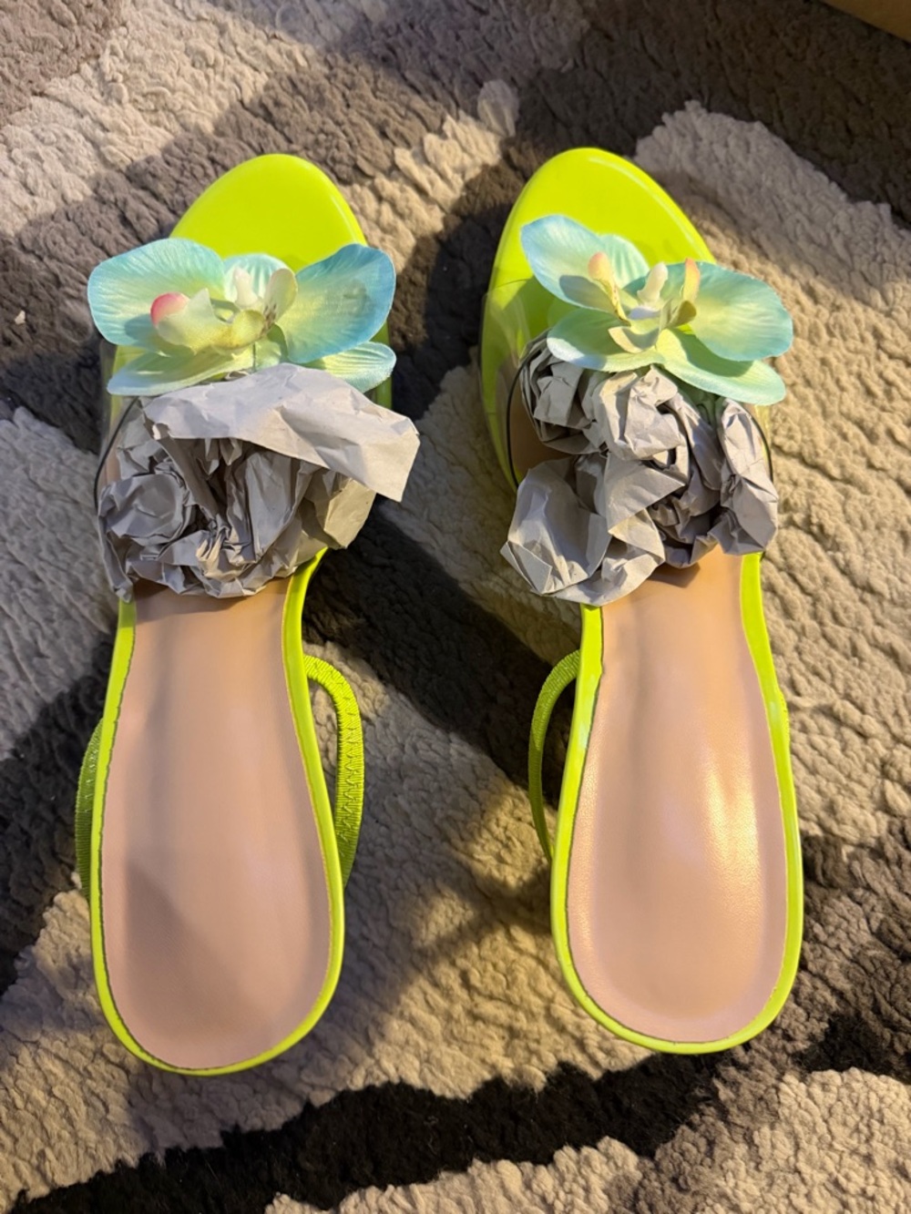 Neon Yellow Floral Slip-On Sandals - Women